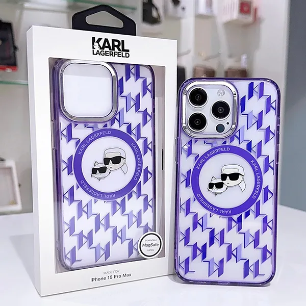 Ốp Điện Thoại Karl Lagerfeld IML Monogram & Choupette Head Case For Iphone 15 Pro Max Màu Tím - Phụ Kiện Công Nghệ - Vua Hàng Hiệu