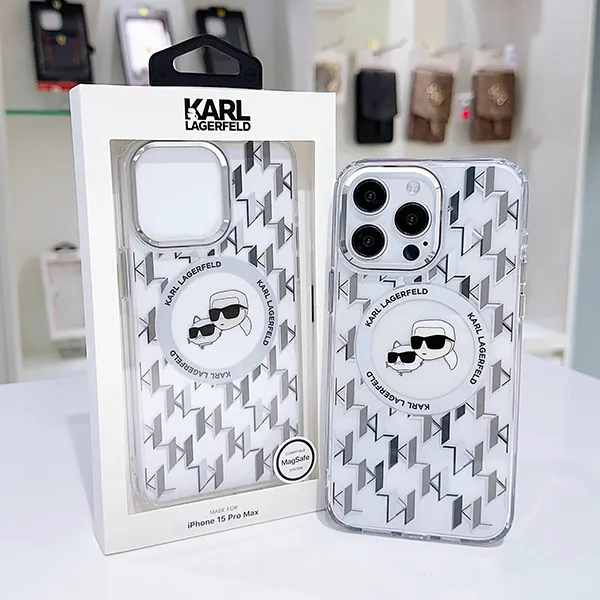 Ốp Điện Thoại Karl Lagerfeld IML Monogram & Choupette Head Case For Iphone 15 Pro Max Màu Trắng - Phụ Kiện Công Nghệ - Vua Hàng Hiệu