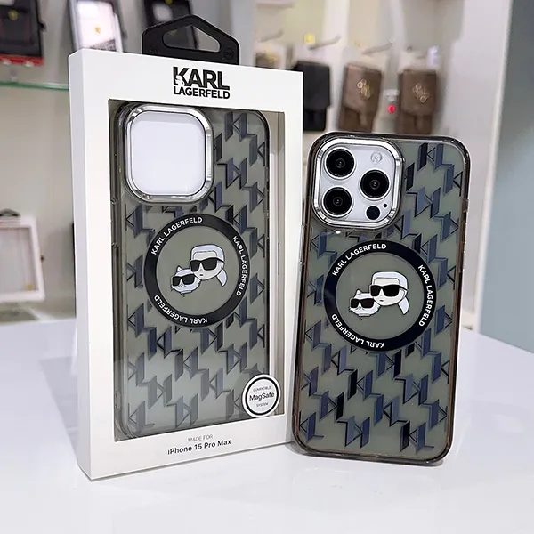 Ốp Điện Thoại Karl Lagerfeld IML Monogram & Choupette Head Case For Iphone 15 Pro Max Màu Xám - Phụ Kiện Công Nghệ - Vua Hàng Hiệu