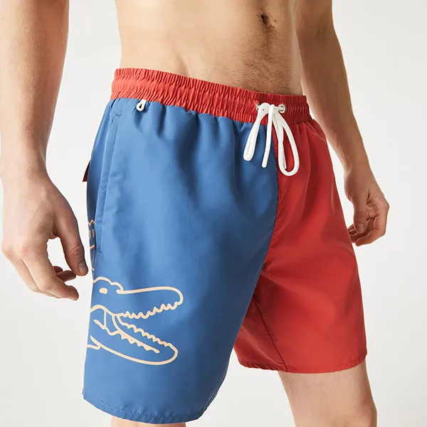 Quần Short Nam Lacoste Men’s Two-Tone Crocodile Print Swimming Trunks MH9397 F9L Màu Xanh/Đỏ Size L