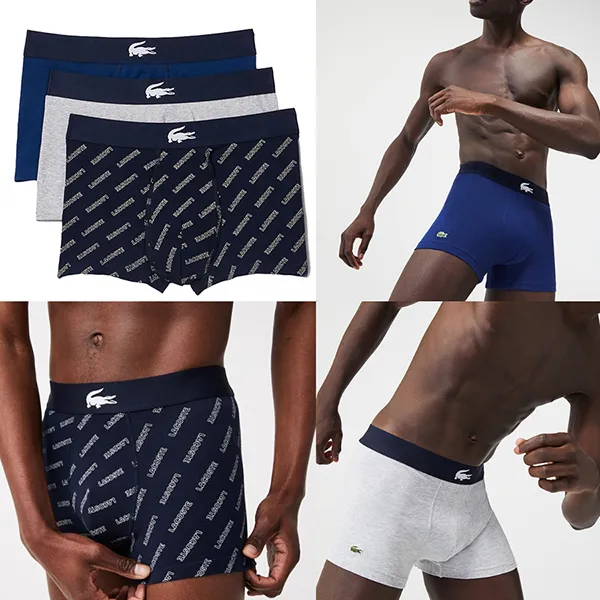 Set 3 Quần Lót Nam Lacoste Men's Stretch Cotton Trunks 3-Pack 5H1774 BCK Màu Navy/Xanh Dương/Xám Size S