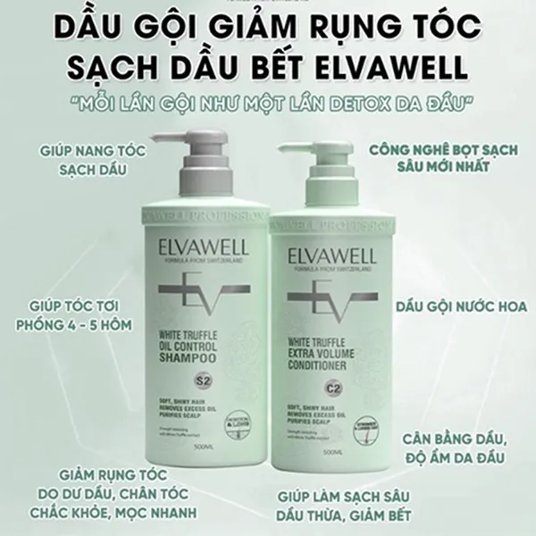 Set Dầu Gội Giảm Rụng Tóc Sạch Dầu Bết Elvawell (1000ml x2)