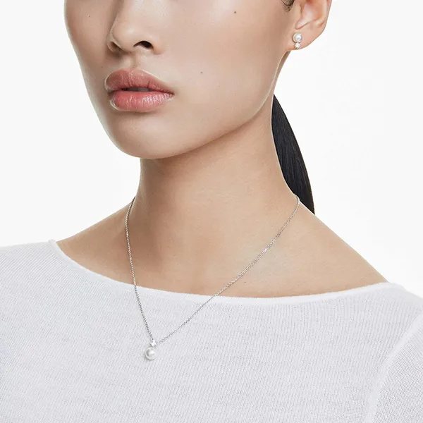 Set Dây Chuyền + Khuyên Tai Nữ Swarovski Matrix Set Crystal Pearl, Round Cut, White, Rhodium Plated 5689624 Màu Trắng