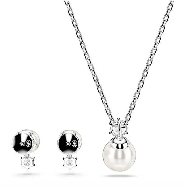 Set Dây Chuyền + Khuyên Tai Nữ Swarovski Matrix Set Crystal Pearl, Round Cut, White, Rhodium Plated 5689624 Màu Trắng