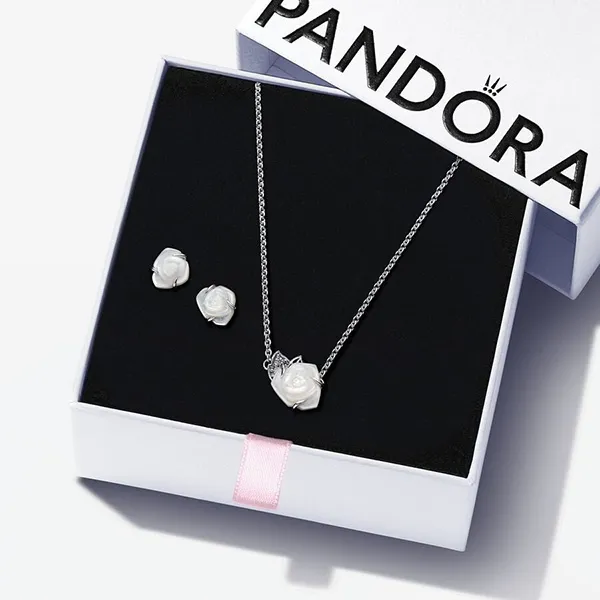 Set Dây Chuyền + Khuyên Tai Pandora White Rose in Bloom Jewelry Gift Set R800725 Màu Bạc - Trang sức - Vua Hàng Hiệu