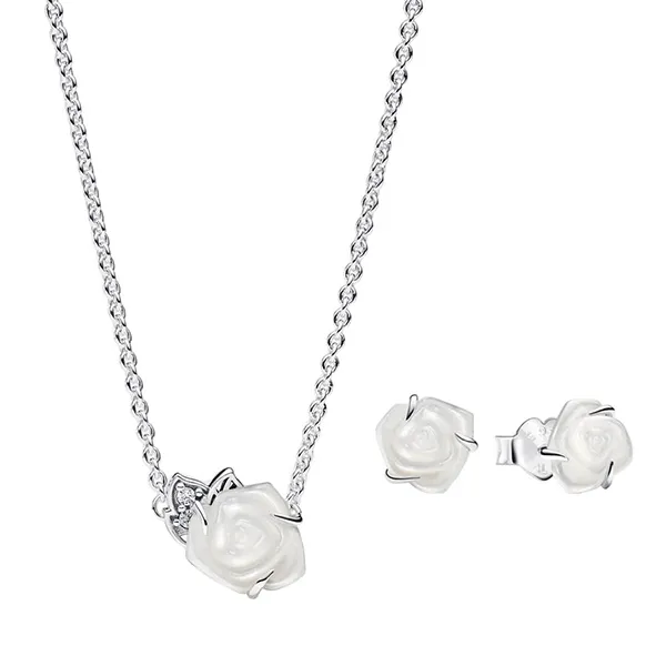 Set Dây Chuyền + Khuyên Tai Pandora White Rose in Bloom Jewelry Gift Set R800725 Màu Bạc - Trang sức - Vua Hàng Hiệu