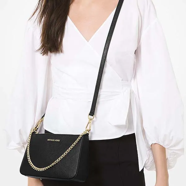 Túi Đeo Chéo Nữ Michael Kors MK Jet Set Medium Saffiano Leather Crossbody Bag 35S0GTVU6L Màu Đen - Vàng