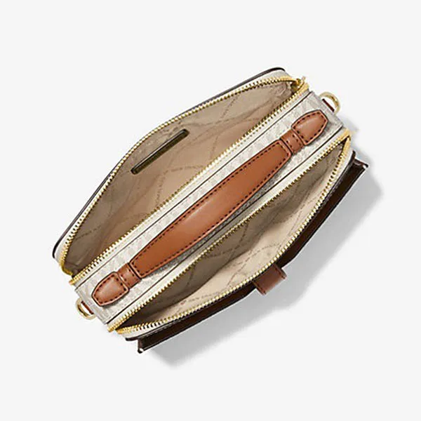 Túi Đeo Chéo Nữ Michael Kors MK Medium Logo Zip Phone Crossbody 35F2GTTC2B Màu Trắng/Nâu - Túi xách - Vua Hàng Hiệu