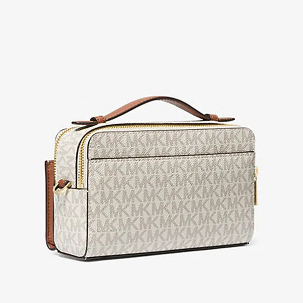 Túi Đeo Chéo Nữ Michael Kors MK Medium Logo Zip Phone Crossbody 35F2GTTC2B Màu Trắng/Nâu - Túi xách - Vua Hàng Hiệu
