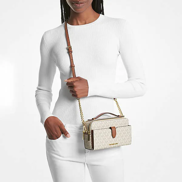 Túi Đeo Chéo Nữ Michael Kors MK Medium Logo Zip Phone Crossbody 35F2GTTC2B Màu Trắng/Nâu - Túi xách - Vua Hàng Hiệu