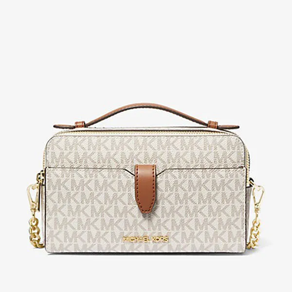 Túi Đeo Chéo Nữ Michael Kors MK Medium Logo Zip Phone Crossbody 35F2GTTC2B Màu Trắng/Nâu - Túi xách - Vua Hàng Hiệu