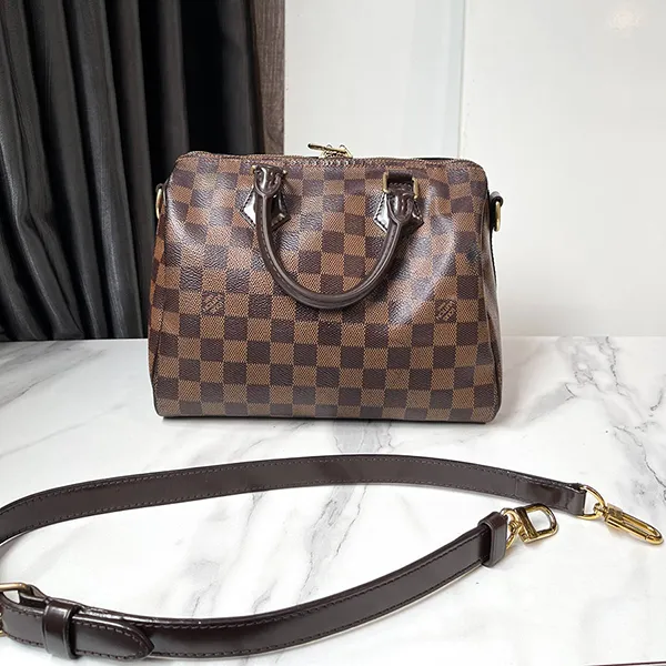 Túi Trống Nữ Louis Vuitton LV Damier Speedy 25 Màu Nâu Đen