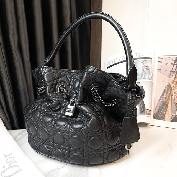 Túi Xách Nữ Christian Dior Lambskin Bucket Handag Black Màu Đen