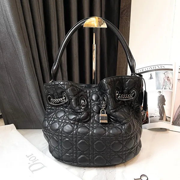 Túi Xách Nữ Christian Dior Lambskin Bucket Handag Black Màu Đen