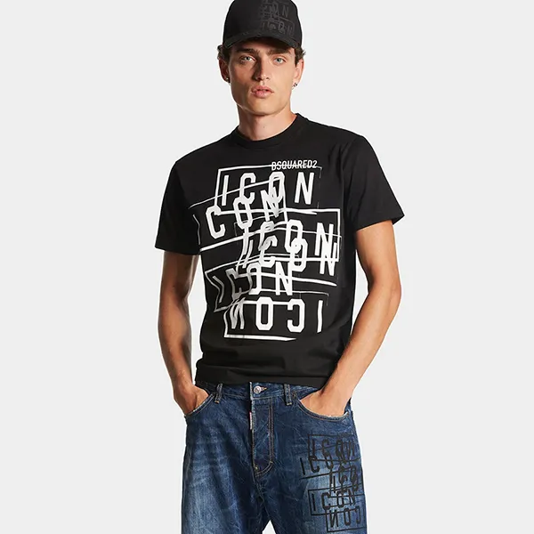 Áo Phông Nam Dsquared2 With Icon Logo Printed T-Shirt S79GC0087S23009 900 Màu Đen Size XS