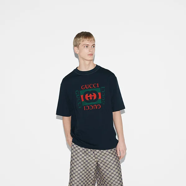 Áo Phông Nam Gucci With Logo Print T-Shirt 784361 XJGKA 4735 Màu Xanh Navy Size S - Thời trang - Vua Hàng Hiệu