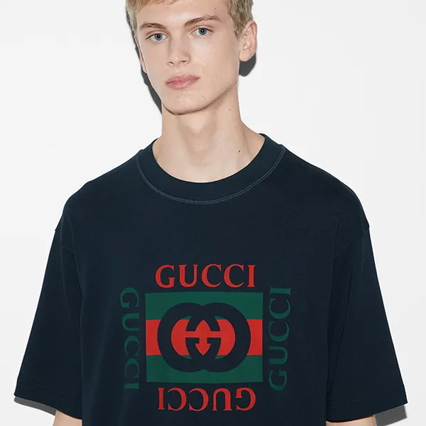 Áo Phông Nam Gucci With Logo Print T-Shirt 784361 XJGKA 4735 Màu Xanh Navy Size S - Thời trang - Vua Hàng Hiệu