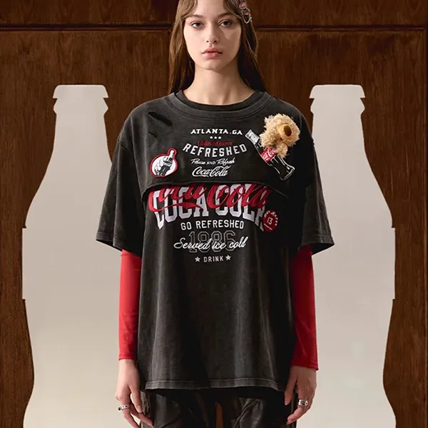 Áo Phông Nữ 13 De Marzo X Coca-Cola Bear Layered Logo Tshirt Black Màu Đen Size S
