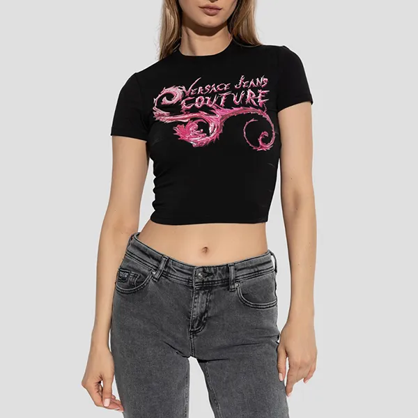 Áo Phông Nữ Versace Jeans Couture Black With Logo Printed 77HAHC00CJ02C899 Tshirt Màu Hồng Đen Size S