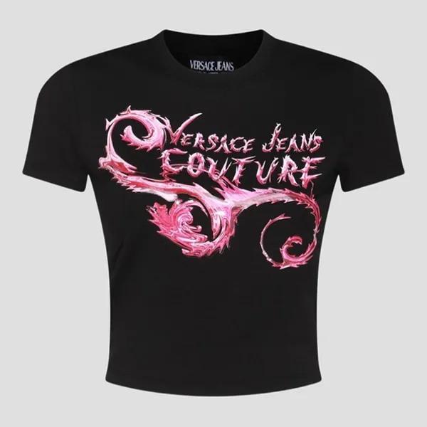 Áo Phông Nữ Versace Jeans Couture Black With Logo Printed 77HAHC00CJ02C899 Tshirt Màu Hồng Đen Size S