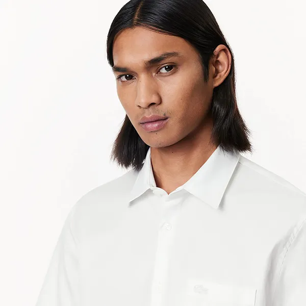 Áo Sơ Mi Cộc Tay Nam Lacoste Regular Fit Solid Cotton Shirt CH8528-10 001 Màu Trắng Size 43