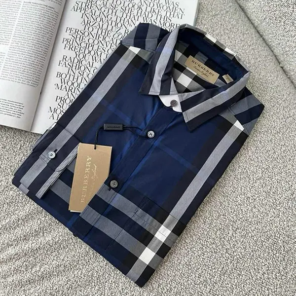 Áo Sơ Mi Nam Burberry Check Patterned Shirt Indigo Blue Màu Xanh Dương Size XS