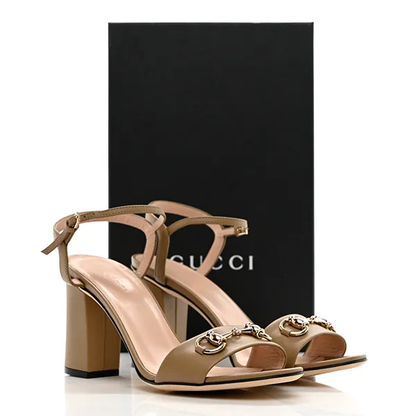 Dép Cao Gót Nữ Gucci Calfskin Miro Soft Horsebit Mid Heel Sandals Màu Be Size 37.5