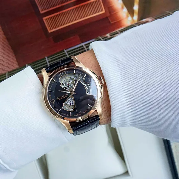 Đồng Hồ Nam Hamilton Jazzmaster Open Heart Arabic H32575735 40mm Màu Đen/ Vàng Hồng