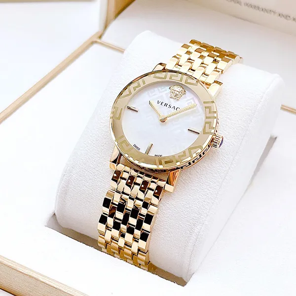 Đồng Hồ Nữ Versace Greca Glass Leather Watch VEU300821 Màu Vàng Gold
