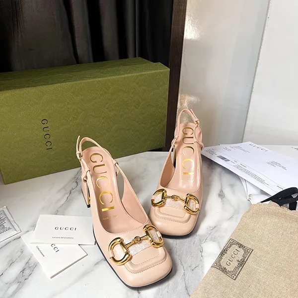 Giày Cao Gót Nữ Gucci Horsebit Slingback Heels Màu Hồng Nhạt Size 35