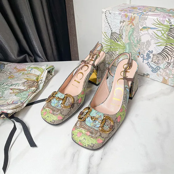 Giày Cao Gót Nữ Gucci Tiger Mid-Heel Slingback ‎687580-UUA10-8471 Màu Be Họa Tiết Size 35 - Giày - Vua Hàng Hiệu