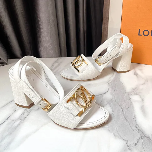 Dép Cao Gót Nữ Louis Vuitton LV White Leather Ankle Strap Sandals Màu Trắng Size 36.5