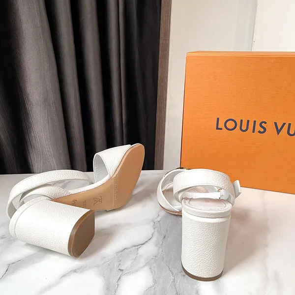 Dép Cao Gót Nữ Louis Vuitton LV White Leather Ankle Strap Sandals Màu Trắng Size 36.5