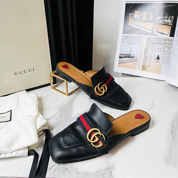 Giày Sục Nữ Gucci Slipper 03 Leather Double Màu Đen Size 37