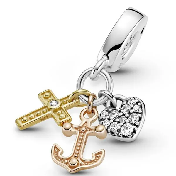 Hạt Vòng Charm Pandora Triple - Tone Cross, Heart & Anchor Dangle 799354C01 Nhiều Màu