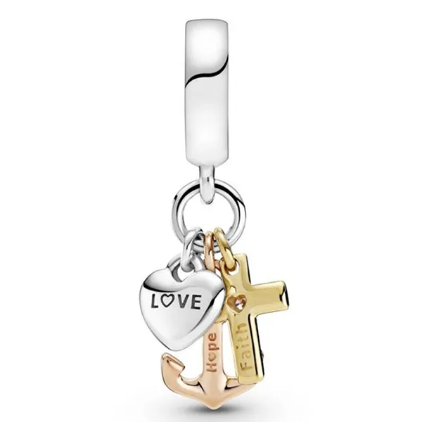Hạt Vòng Charm Pandora Triple - Tone Cross, Heart & Anchor Dangle 799354C01 Nhiều Màu