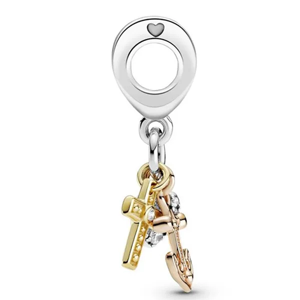 Hạt Vòng Charm Pandora Triple - Tone Cross, Heart & Anchor Dangle 799354C01 Nhiều Màu