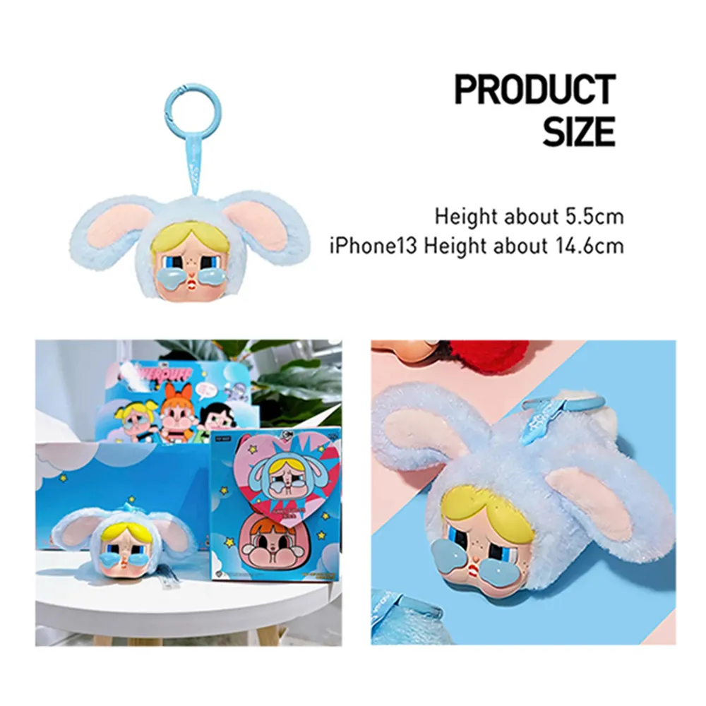 Móc Khóa Pop Mart Crybaby × Powerpuff Girls Series Vinyl Face Plush Bunny Bubbles Màu Hồng Xanh