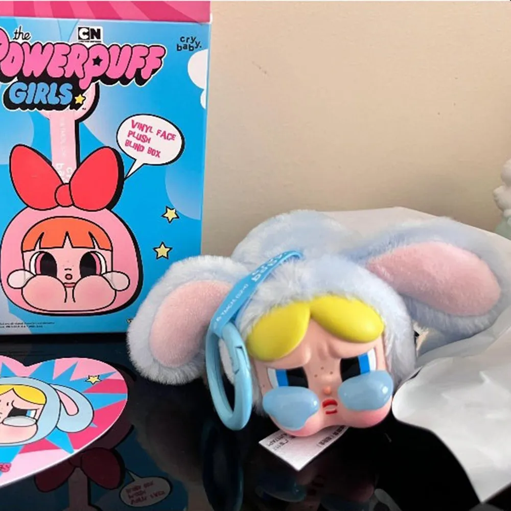 Móc Khóa Pop Mart Crybaby × Powerpuff Girls Series Vinyl Face Plush Bunny Bubbles Màu Hồng Xanh