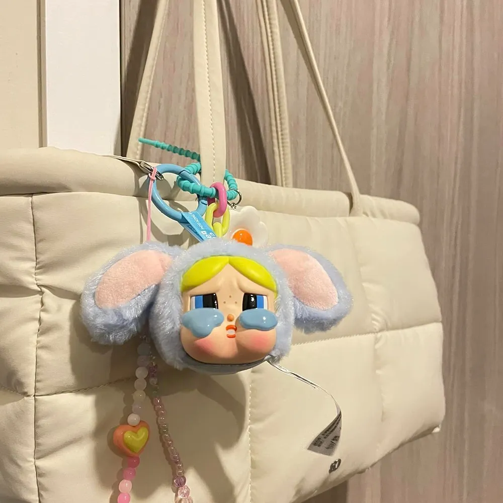 Móc Khóa Pop Mart Crybaby × Powerpuff Girls Series Vinyl Face Plush Bunny Bubbles Màu Hồng Xanh