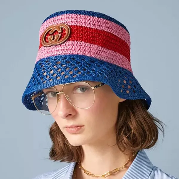 Mũ Gucci Bucket Raffia-Effect Hat 750690- 3HATL- 4064 Màu Hồng Xanh Size S - Mũ nón - Vua Hàng Hiệu