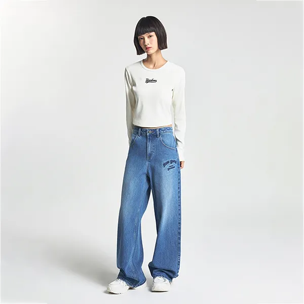 Quần Jean Nữ MLB Varsity Cursive Embroidery Wide Pants New York Yankees 3FDPV0144-50INS Màu Xanh Denim Size XS - Thời trang - Vua Hàng Hiệu