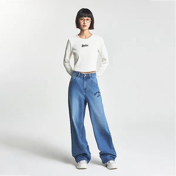 Quần Jean Nữ MLB Varsity Cursive Embroidery Wide Pants New York Yankees 3FDPV0144-50INS Màu Xanh Denim Size XS - Thời trang - Vua Hàng Hiệu