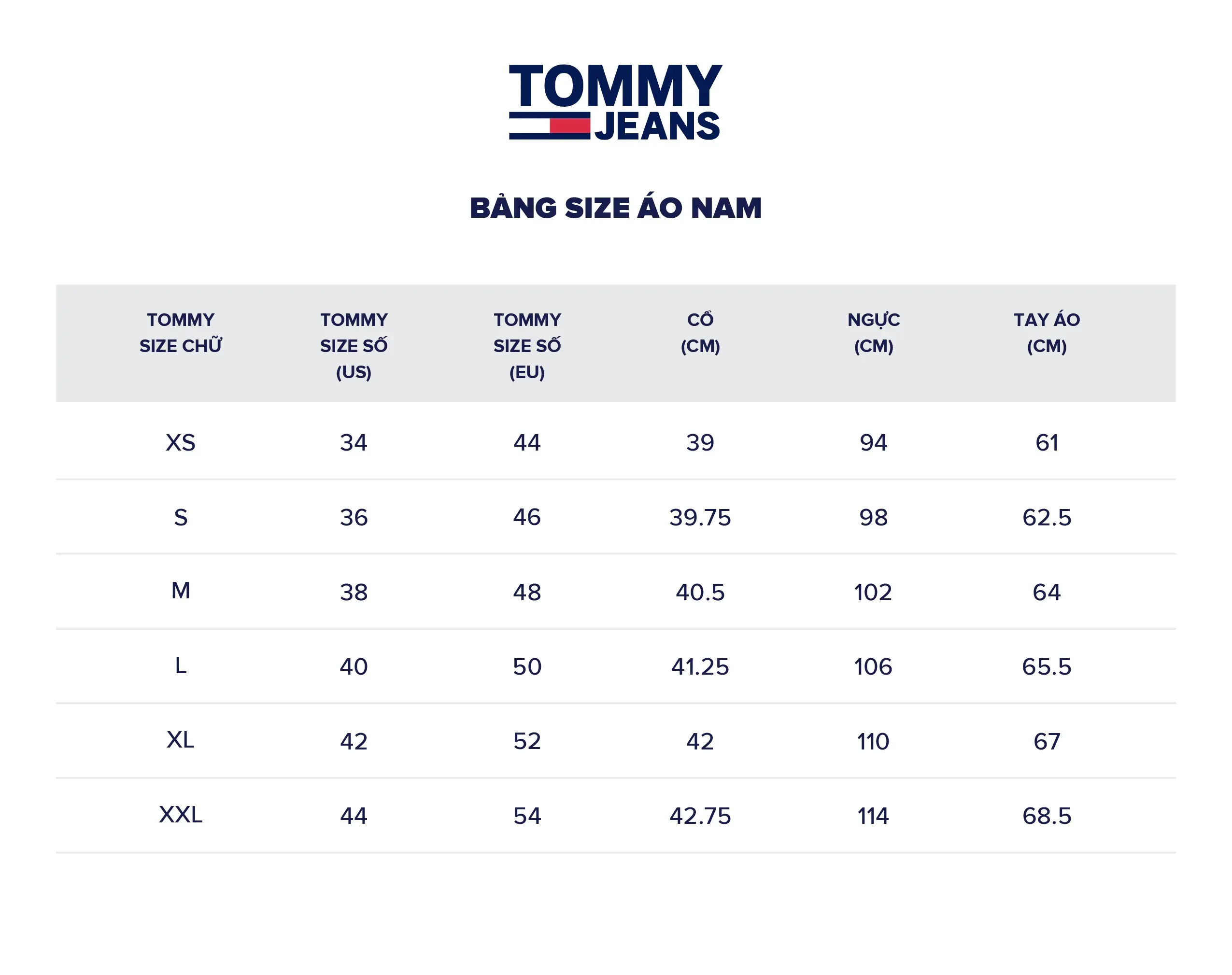 Bảng size áo phông Tommy Hilfiger cho nam
