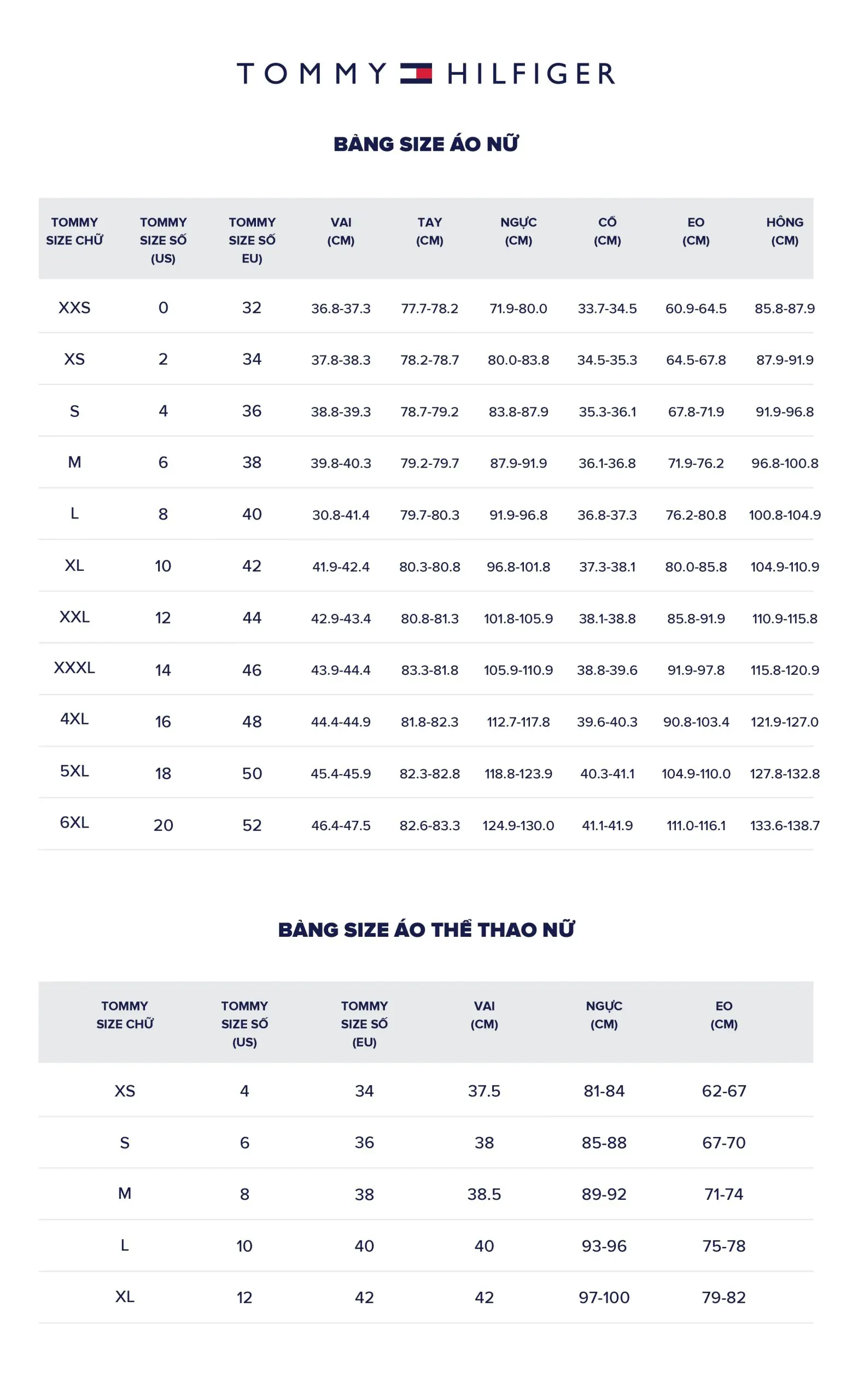 Bảng size áo phông Tommy Hilfiger cho nữ