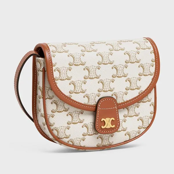 Túi Đeo Chéo Nữ Celine Mini Besace In Triomphe Canvas And Calfskin Màu Trắng/Nâu - Túi xách - Vua Hàng Hiệu