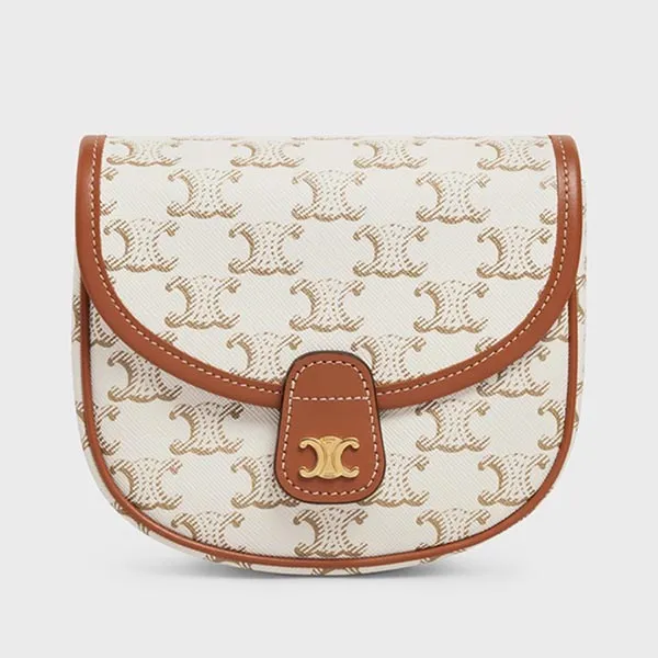Túi Đeo Chéo Nữ Celine Mini Besace In Triomphe Canvas And Calfskin Màu Trắng/Nâu - Túi xách - Vua Hàng Hiệu