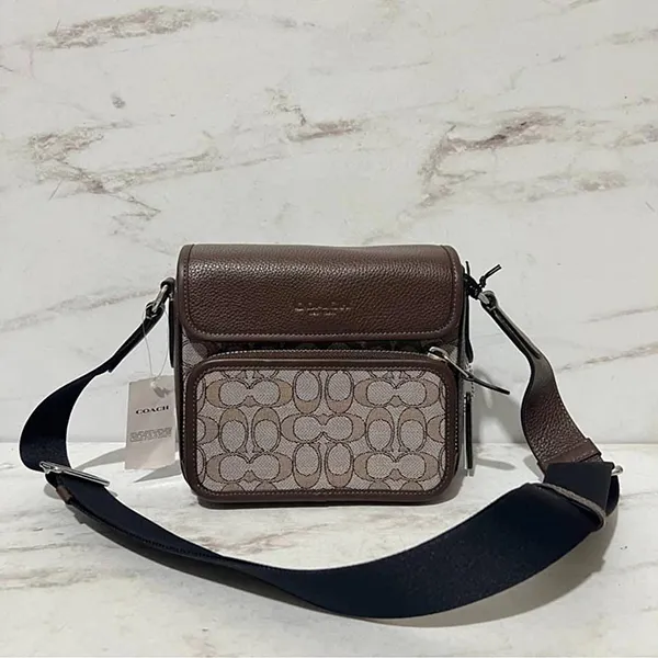 Túi Đeo Chéo Nam Coach Sullivan Flap Crossbody Bag In Signature Jacquard Silver/Oak/Maple CT834 Màu Nâu Xám