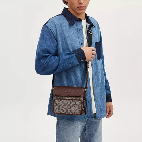 Túi Đeo Chéo Nam Coach Sullivan Flap Crossbody Bag In Signature Jacquard Silver/Oak/Maple CT834 Màu Nâu Xám
