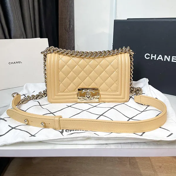 Túi Đeo Chéo Nữ Chanel Boy Caviar Yellow Small Màu Vàng Be